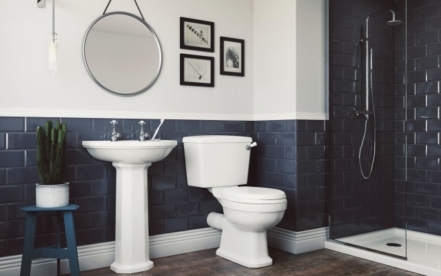 Toilet, Full Pedestal Basin and a Round Mirror