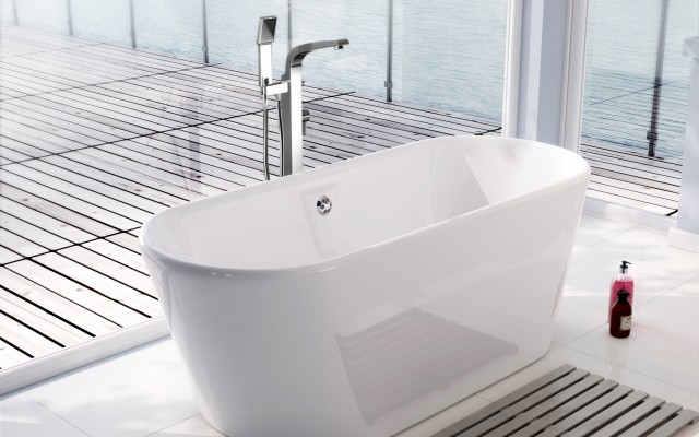 Essence Freestanding Bath Tub and Bath Filler with a Shower Arm